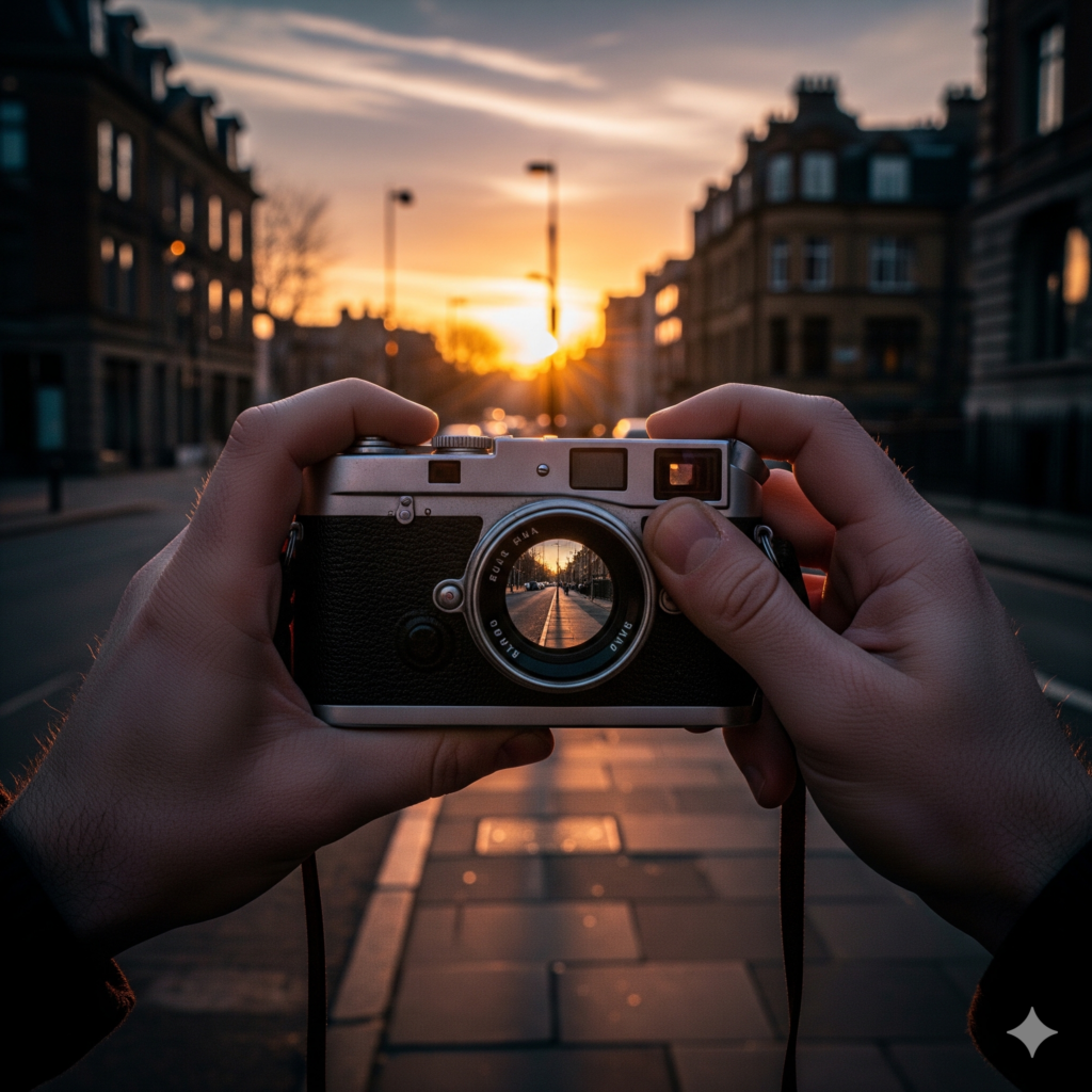 블로그 주인의 의도를 담아 AI로 생성된 따뜻한 노을이 지는 평온한 거리에서 빈티지 카메라로 사진을 찍으며 현재에 집중하고 있는 사람의 손