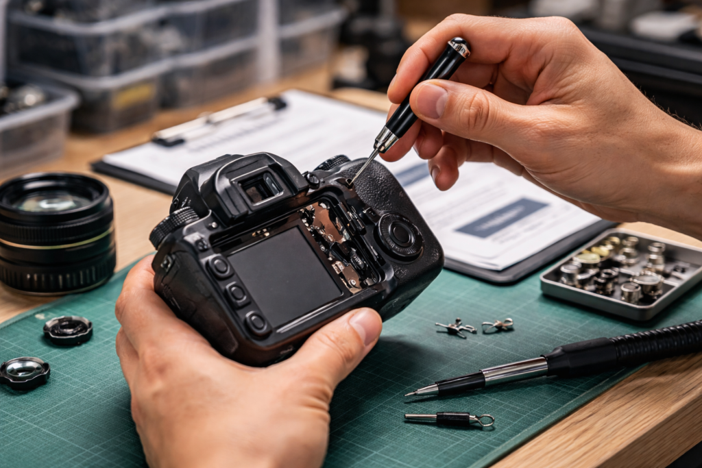 블로그 주인의 의도를 담아 AI로 생성된 카메라 본체를 수리하는 사진