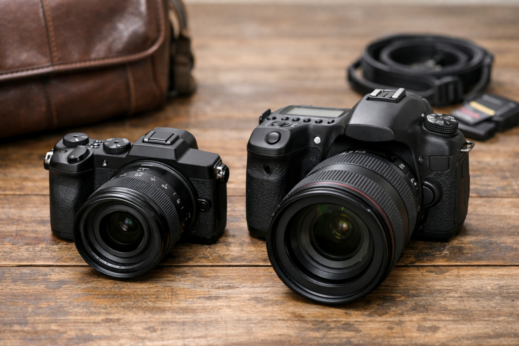 블로그 주인의 의도를 담아 AI로 생성된 카메라 두대가 테이블위에 올려져 있는 이미지