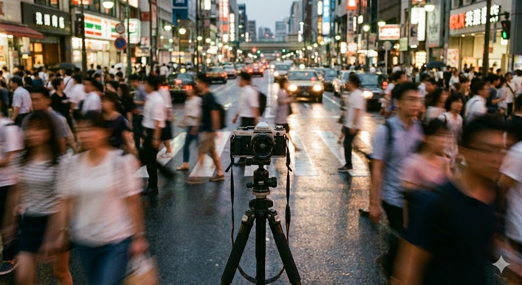 블로그 주인의 의도를 담아 AI로 생성된 복잡한 거리속에 정적인 카메라 이미지