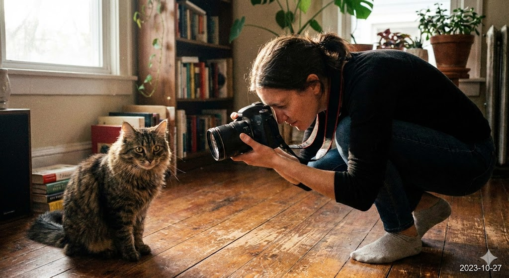 블로그 주인의 의도를 담아 AI로 생성된 고양이사진을 찍고 있는 사람 이미지 
