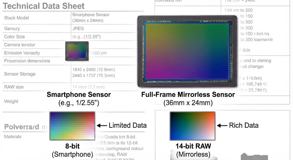 블로그 주인의 의도를 담아 AI로 생성된 마트폰 카메라와 풀프레임 미러리스 카메라의 하드웨어 스펙 차이를 시각화한 기술 비교 데이터 시트