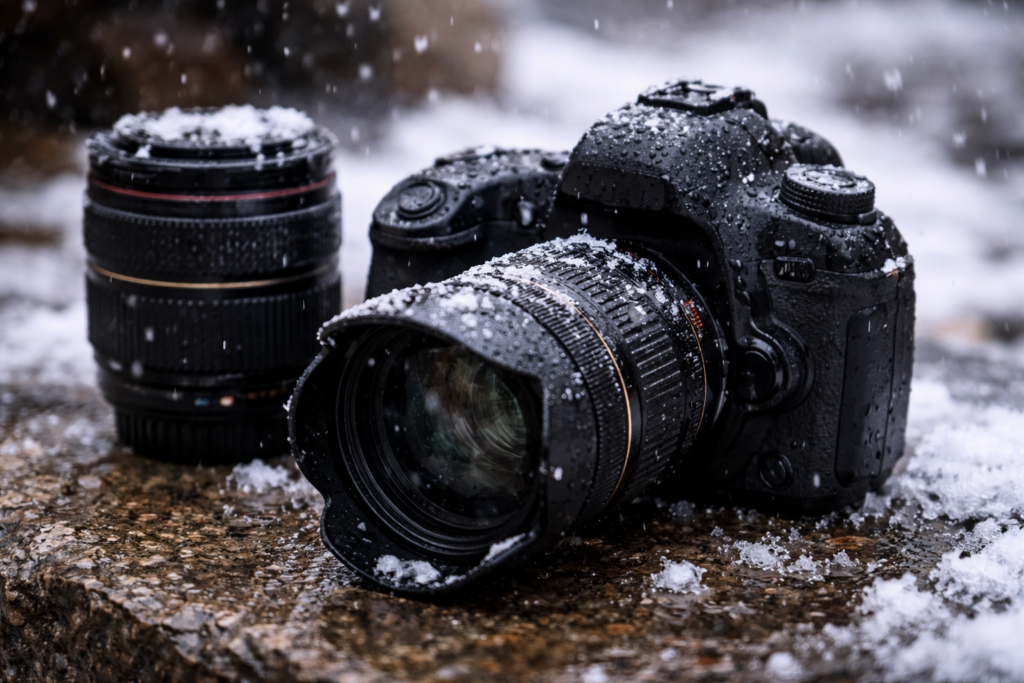 블로그 주인의 의도를 담아 AI로 생성된 눈을 맞고 있는 카메라와 렌즈사진