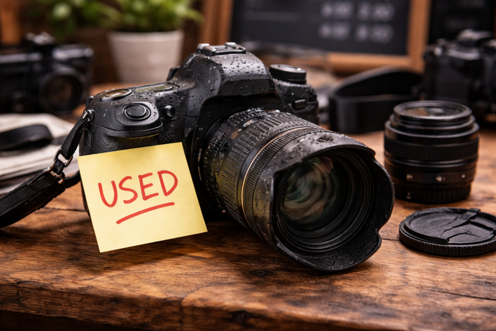 블로그 주인의 의도를 담아 AI로 생성된 카메레와 렌즈에 중고상태인 느낌이 나는 사진