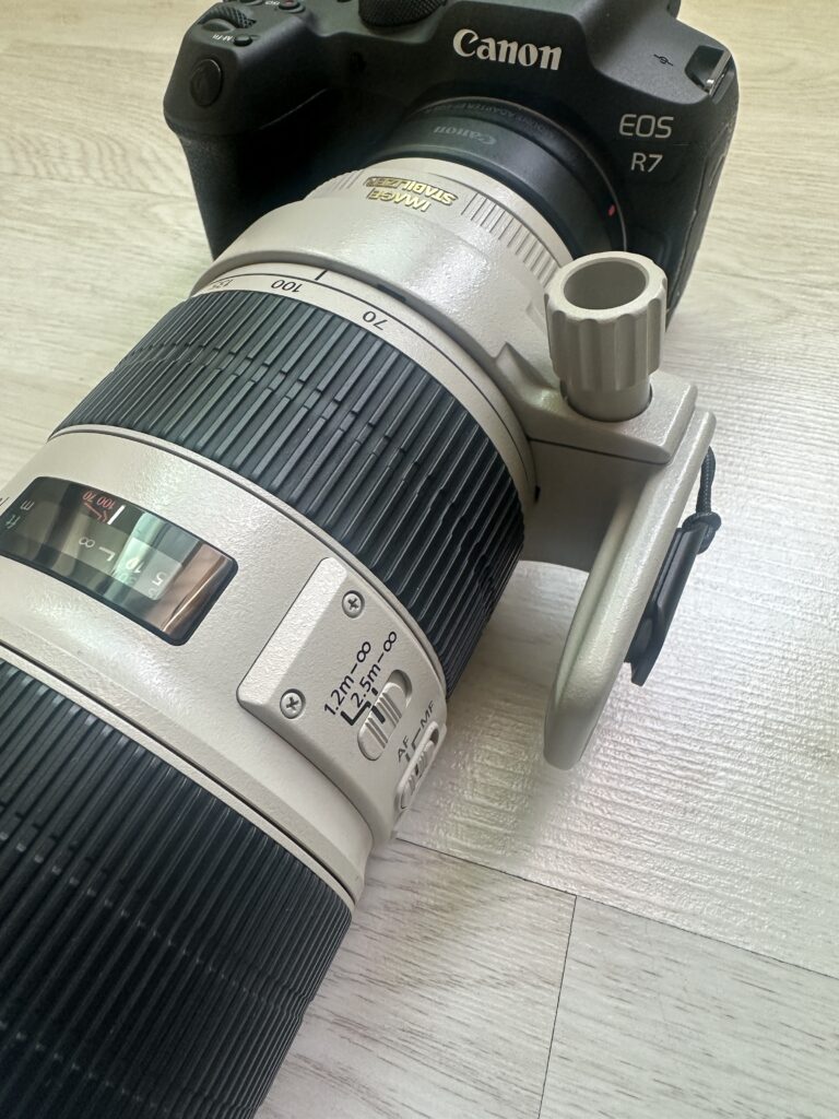캐논 카메라 r7에 70-200 망원렌즈가 결합된 사진